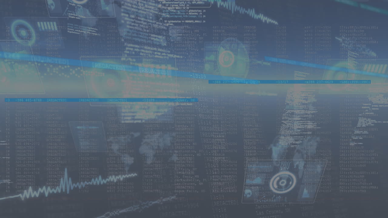 Animation of glowing interface screens with information,light and text moving over dark background