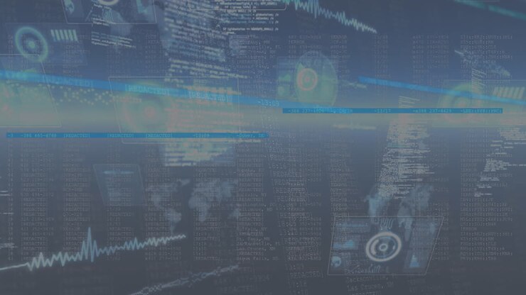 Animation of glowing interface screens with information,light and text moving over dark background
