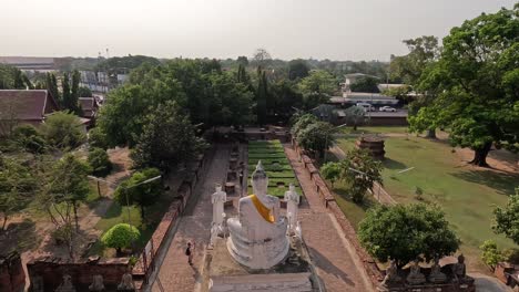 drone footage over a peaceful buddhist temple.