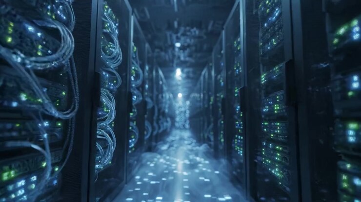 Exploring the Heart of Digital Infrastructure: A Journey Through an Advanced Data Center Filled with Rows of Servers and Pulsating Lights