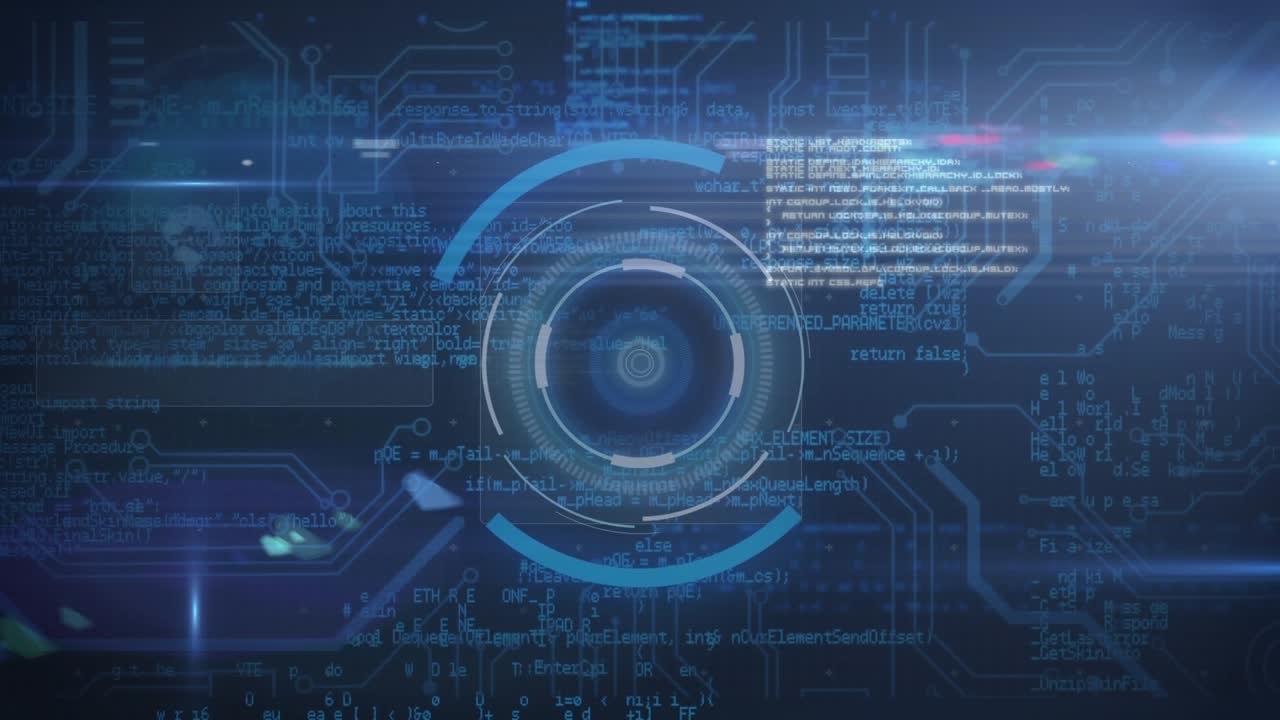 Animation of round scanners, data processing and microprocessor connections on blue background
