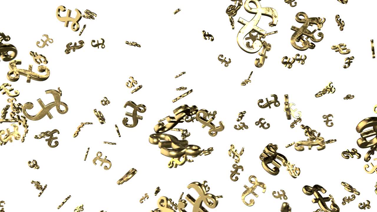 el fondo animado en bucle con el giro caótico 3d marcas de libra esterlina dorada. bucle sin costuras. 4k.