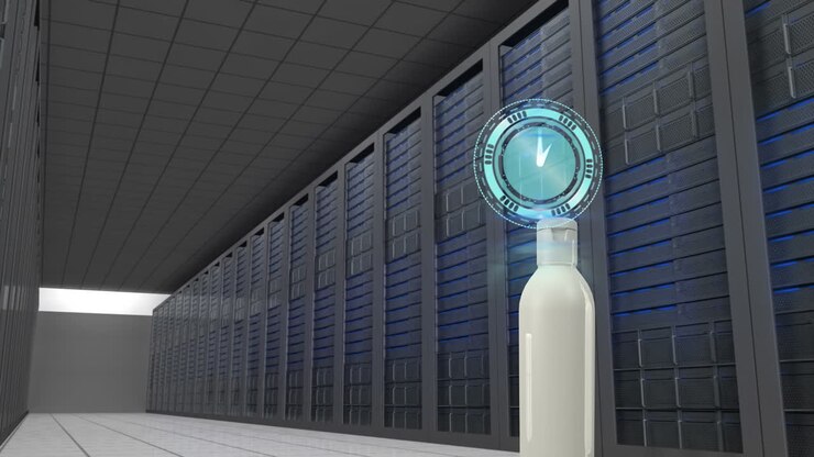 Animation of clock over cream container and server room