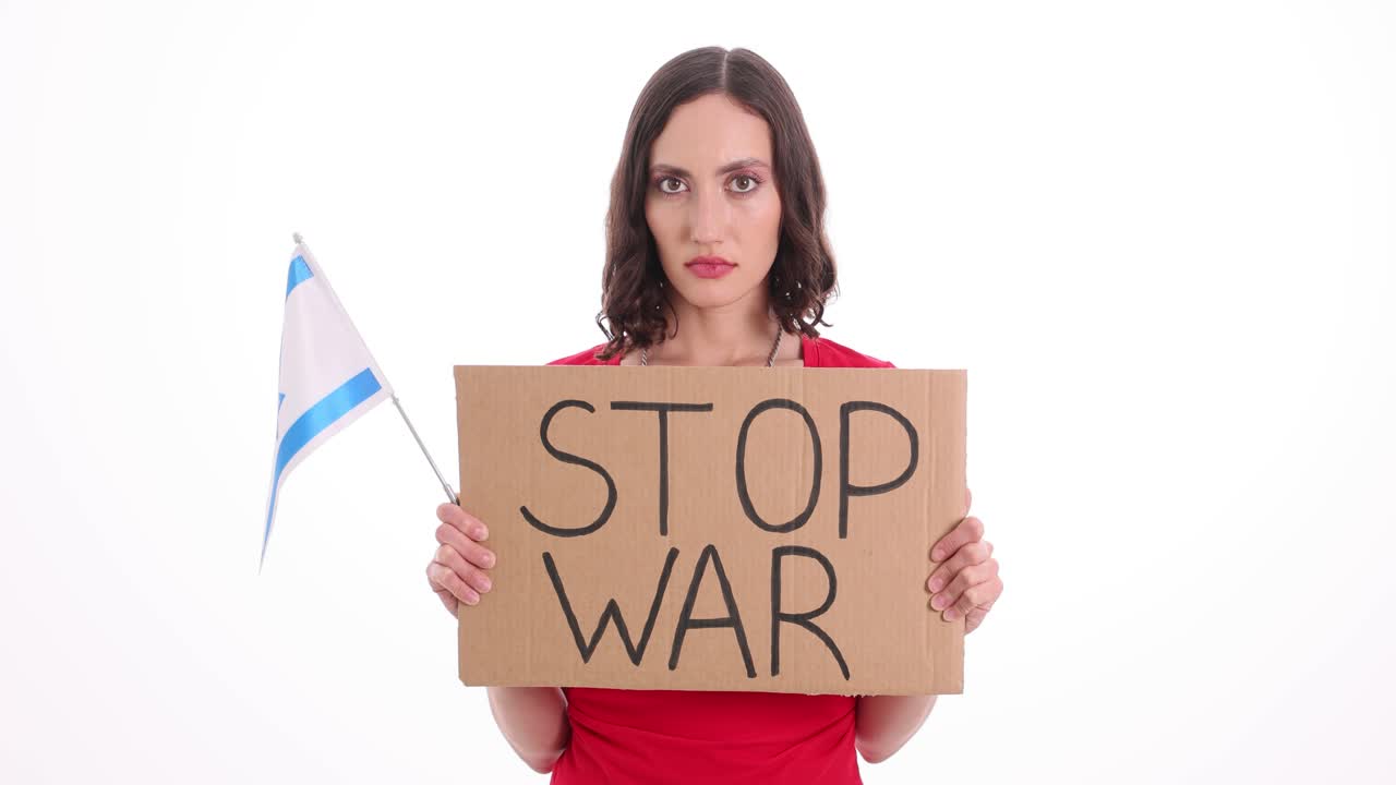 Woman holding stop war sign with flag