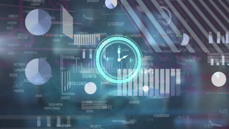 animation of clock ticking and data processing over screens