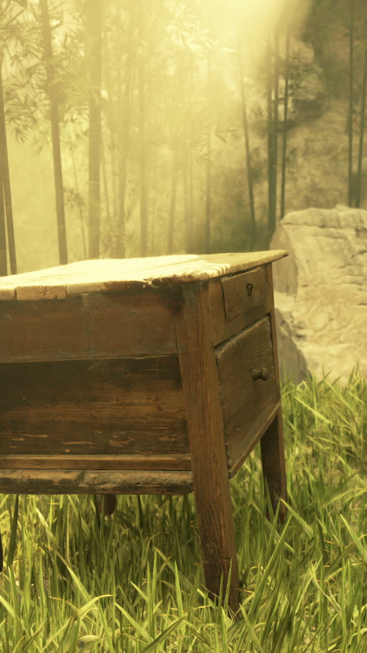 mesa de madera en un bosque de bambú