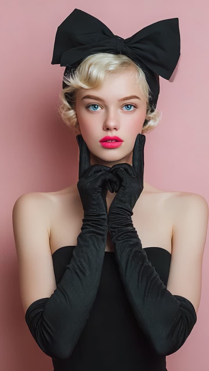 Eleganza e fascino: un ritratto di moda di grande impatto di una modella con fascia e guanti neri su uno sfondo rosa tenue