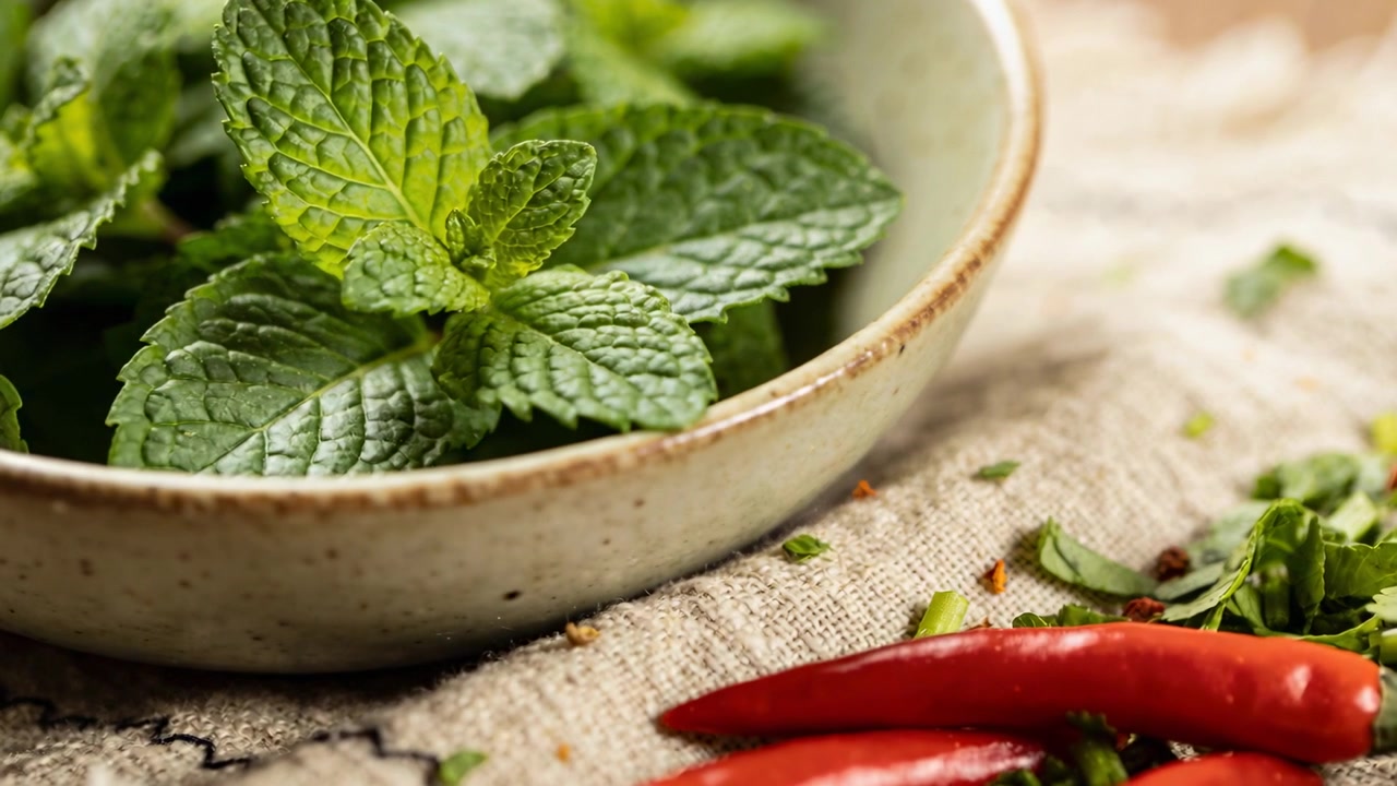 Obiettivo che si stringe mettendo a fuoco una ciotola di ceramica con menta su un panno di lino, con peperoncini rossi ed erbe aromatiche per cucinare
