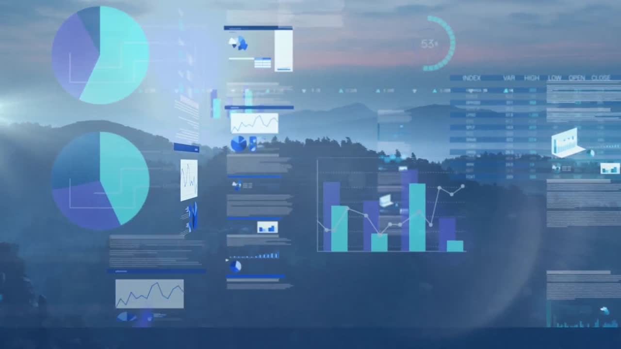 Animation of statistic and financial data processing over landscape on blue background