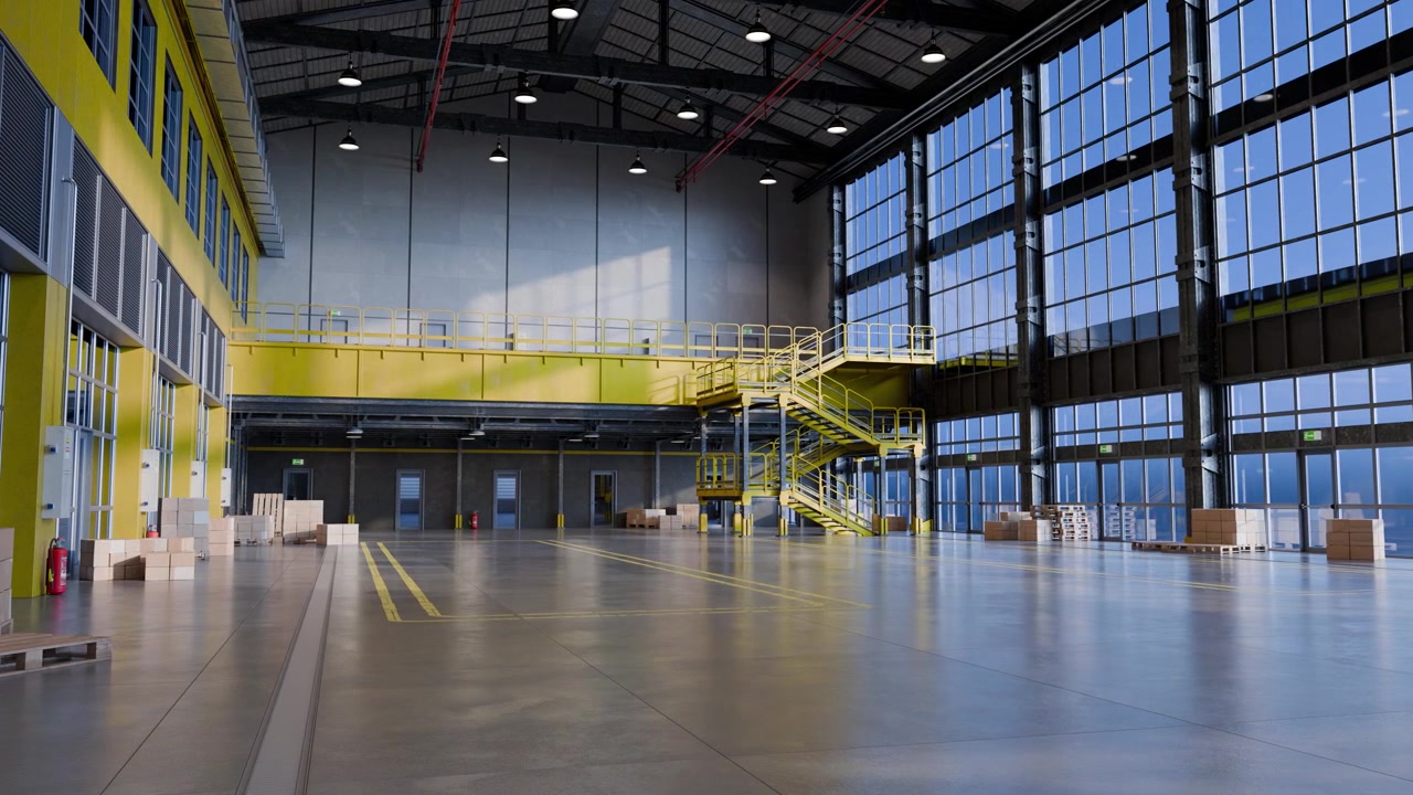 Empty Modern Warehouse Interior with Large Windows and Yellow Staircase