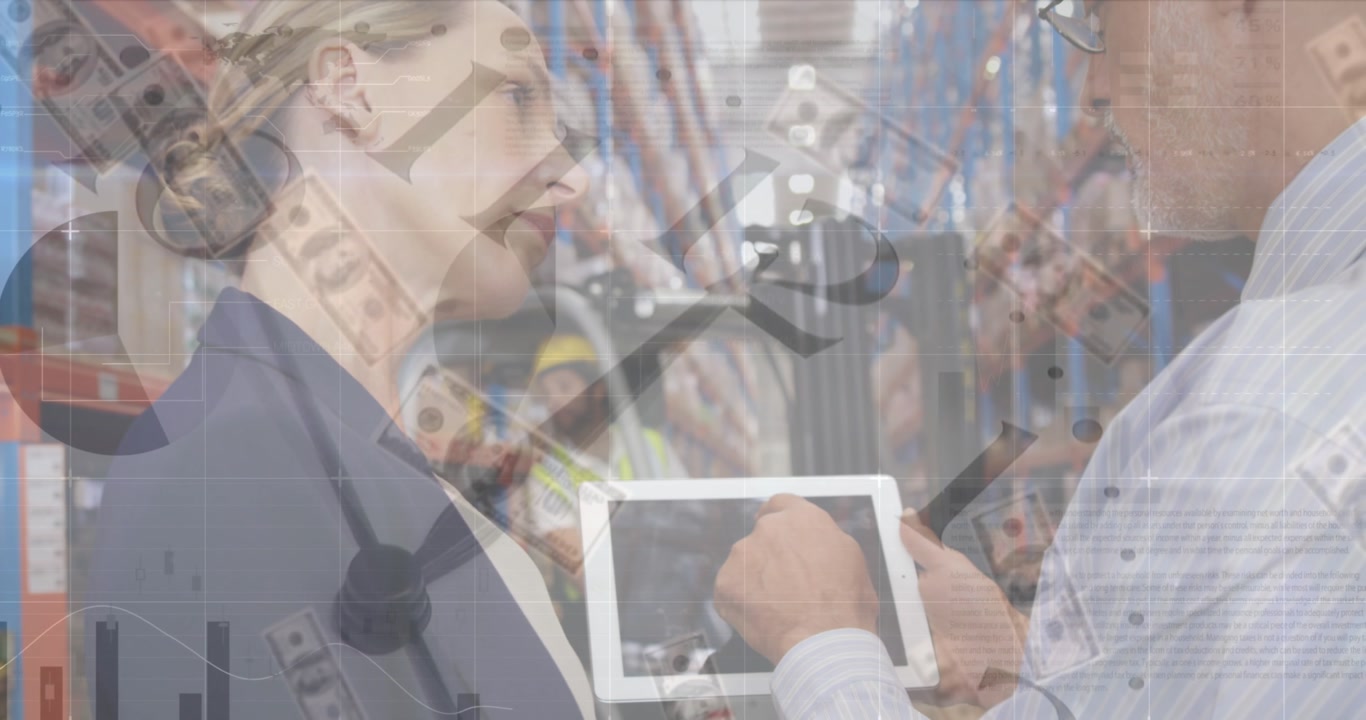 Animation of moving clock over diverse female and male businesspeople in warehouse