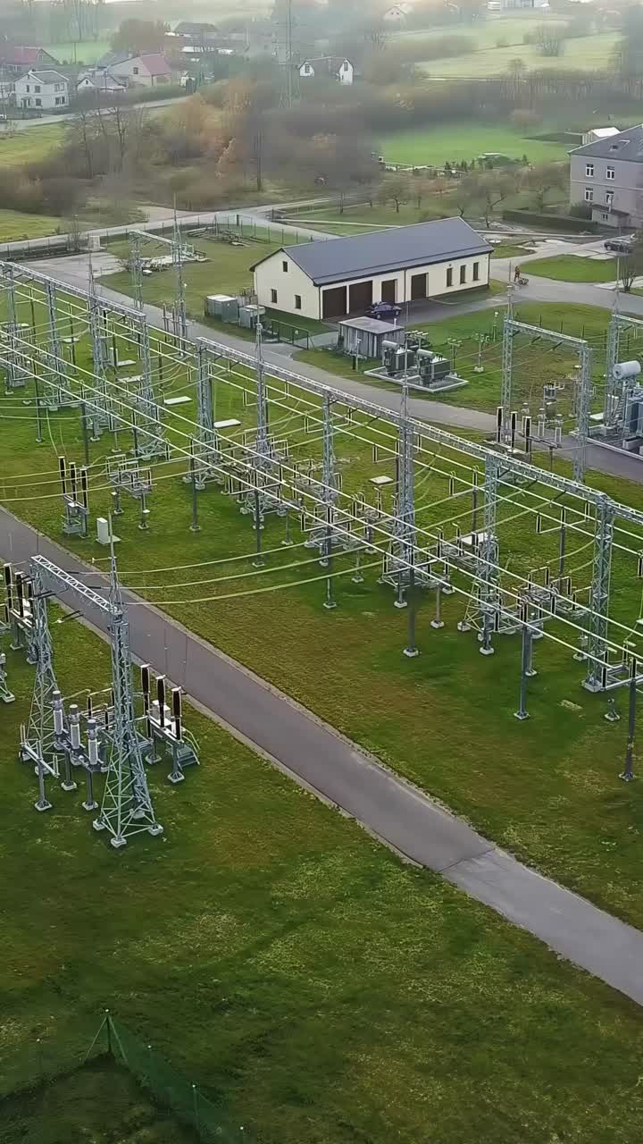 Drone circles above electrical substations that transform and distribute electricity safely - next to a village.