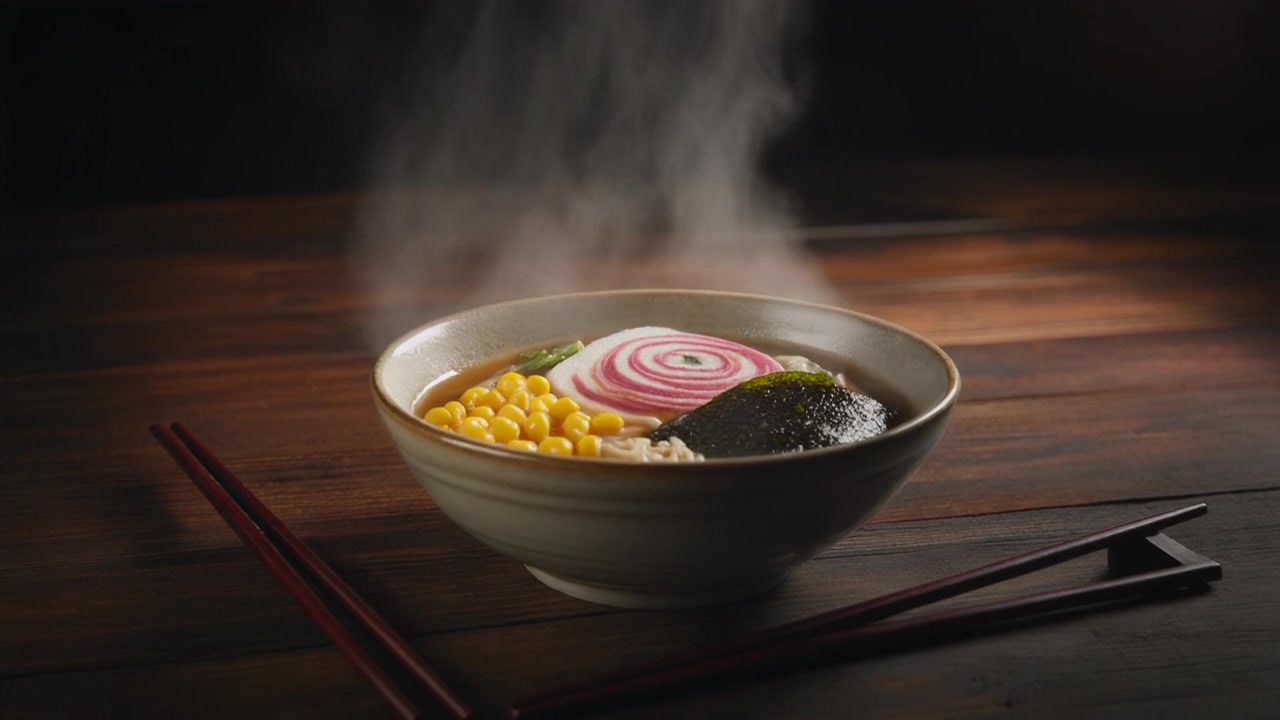 Ciotola fumante di ramen caldo con narutomaki e mais