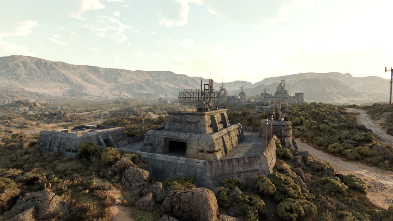 전면에 군사 기지 전쟁 커가 있는 미래의 도시