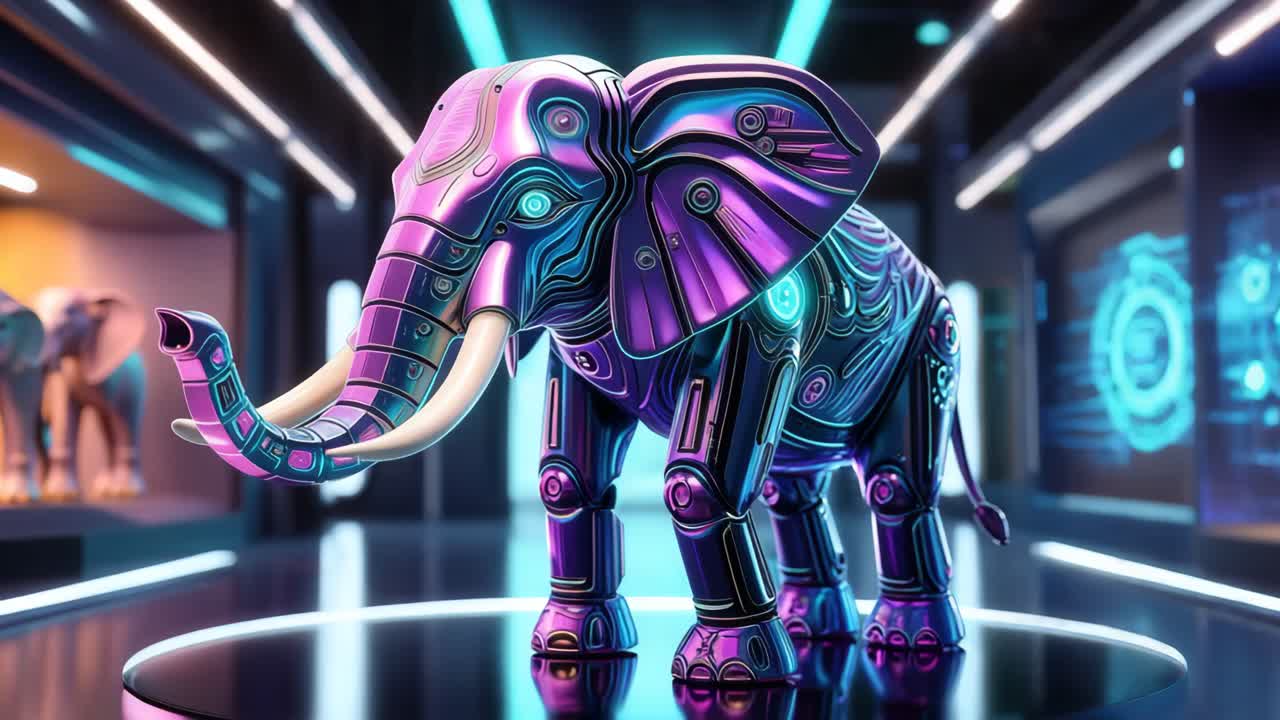 미래의 갤러리에서 기계적 코끼리