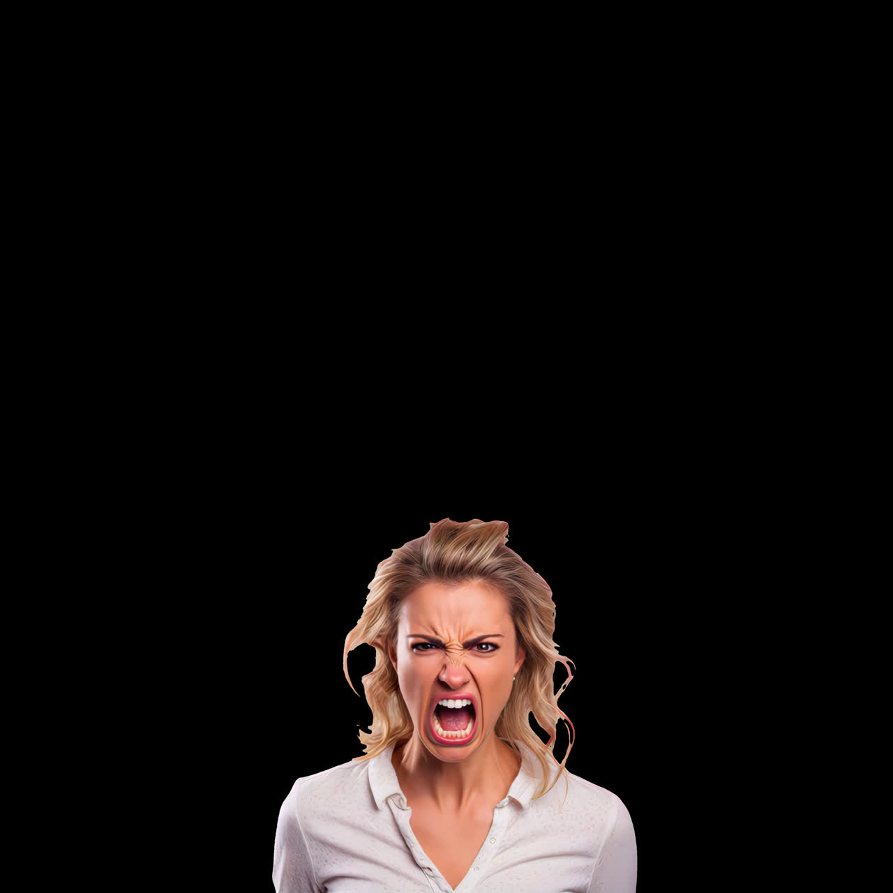 Woman expressing intense anger animation isolated asset, transparent 4K video, alpha channel, ProRes