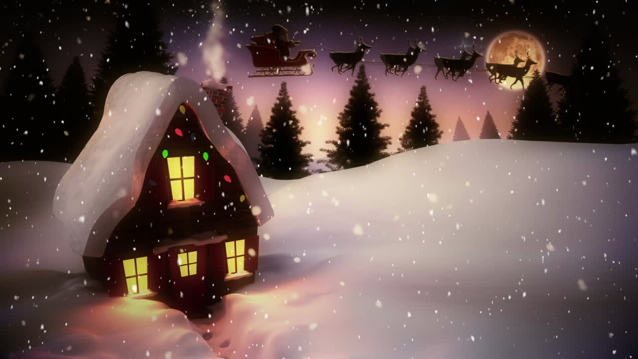 animación de santa claus en trineo con renos sobre la nieve que cae, casa y paisaje de invierno