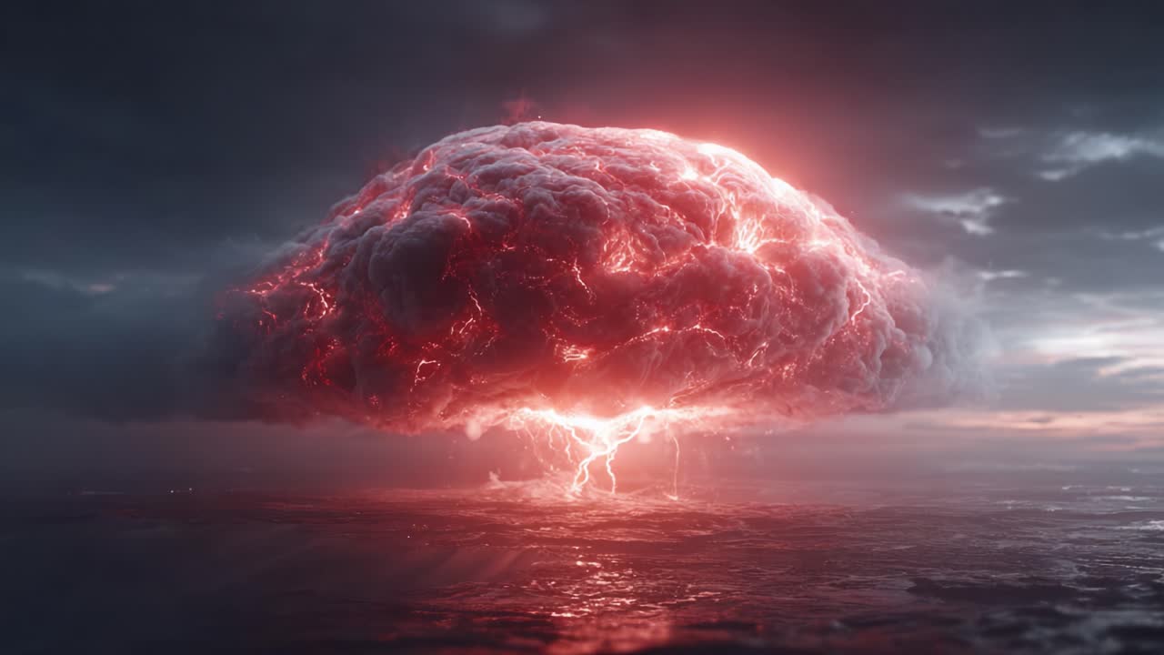 Una rappresentazione mozzafiato di un'immensa formazione nuvolosa che ricorda un fungo incandescente, che irradia energia elettrica con colori vivaci, sullo sfondo di un cielo e un oceano suggestivi e drammatici