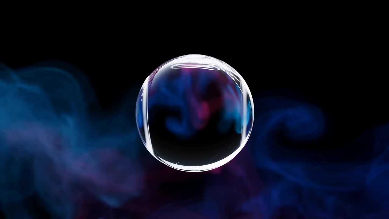 Translucent soap bubble floating before deep black backdrop with vivid blue and magenta smoke drifting behind, creating dramatic contrast, glossy reflections, delicate abstract mood