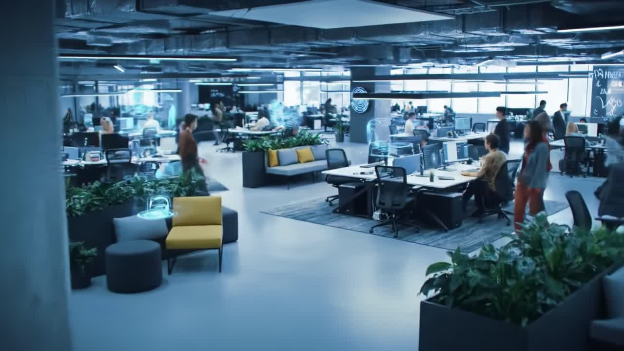 Dynamic Modern Office Environment Showcasing Collaborative Workspaces, Innovative Technology, and Engaged Employees in a Contemporary Corporate Setting