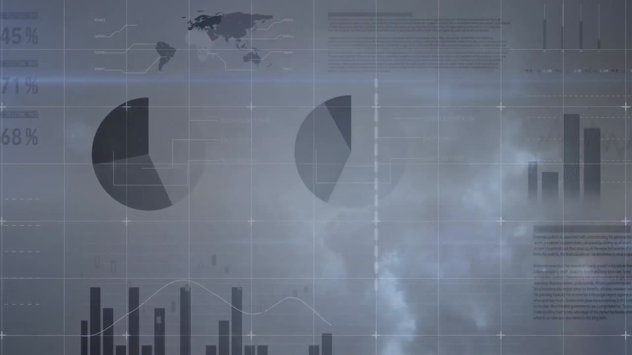 Composite video of statistical data processing against thunders in the sky
