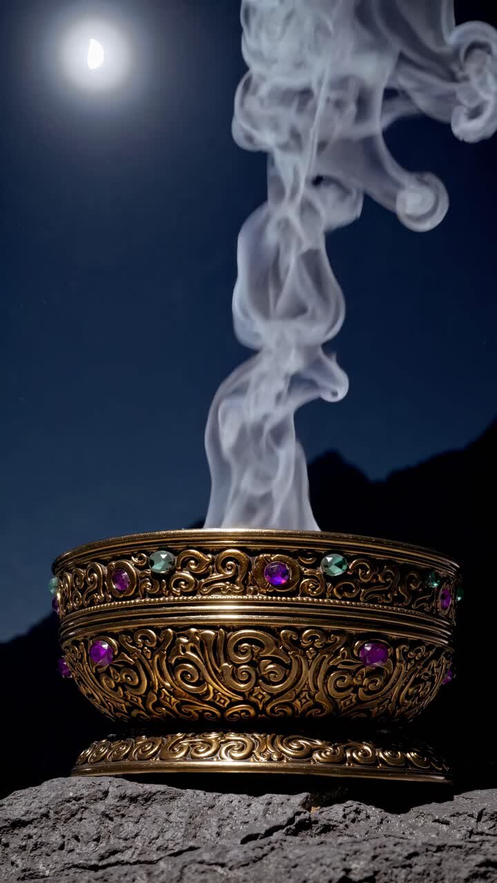 Ornate bowl with smoke under moonlight, captured from a low angle