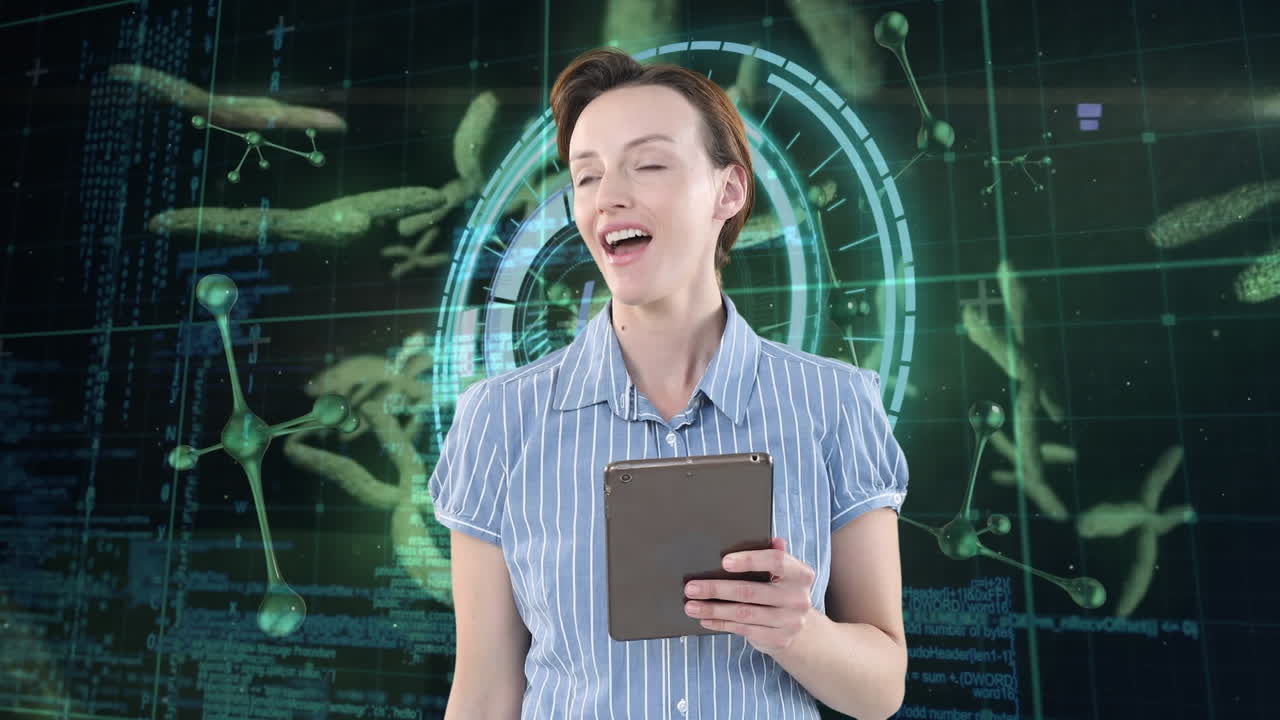 animación de escaneo de alcance sobre mujer caucásica con tabletas y células de virus