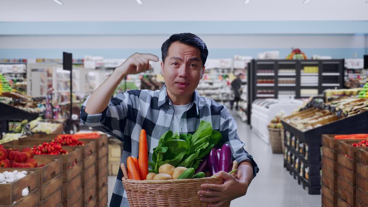 Agricultor asiático enfadado con una cesta de verduras regañando de pie en una tienda de comestibles