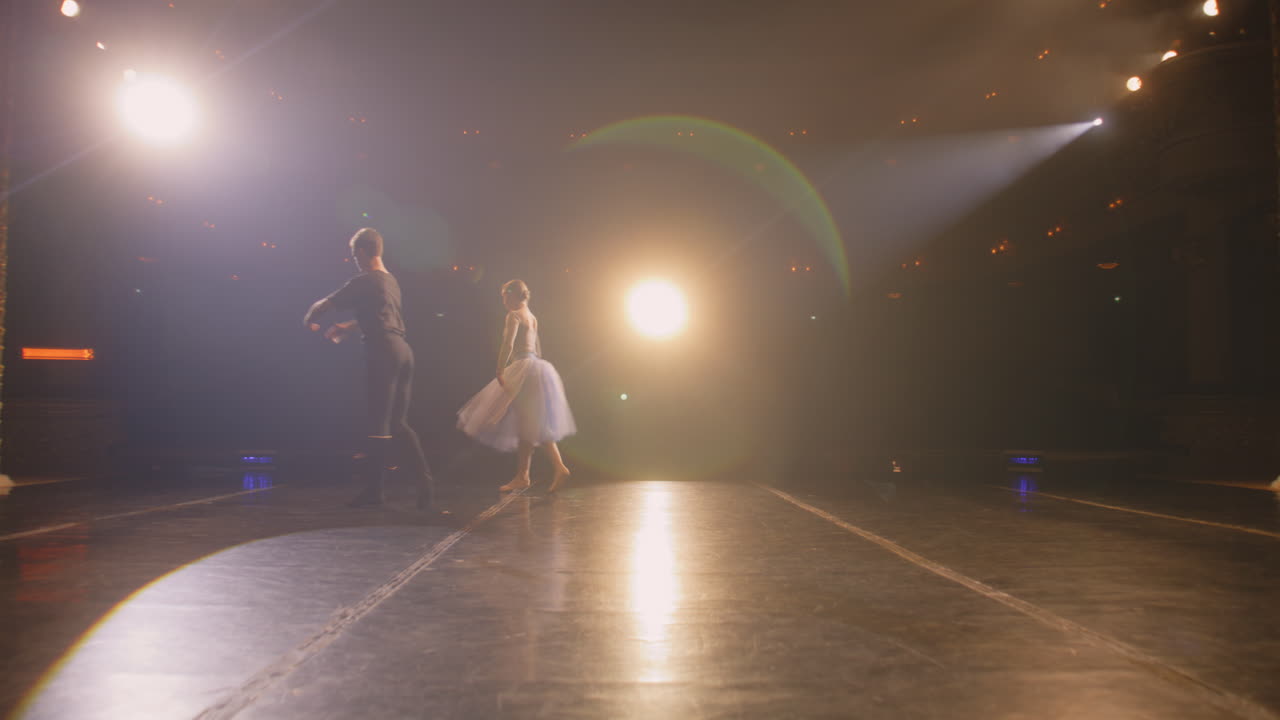 ballet Dancers Come out and Perform Dance Curtains Open Ballet Dancers Come out and Perform Dance on Classic Theater Stage Illuminated by Spotlights Dance Partners Practice at Choreography Rehearsal for Theatrical Ballet Performance