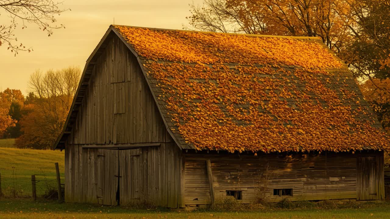 A Tranquil Autumn Scene Featuring a Rustic Barn Adorned with Vibrant Yellow and Orange Leaves, Capturing the Beauty of Seasonal Change in a Serene Landscape