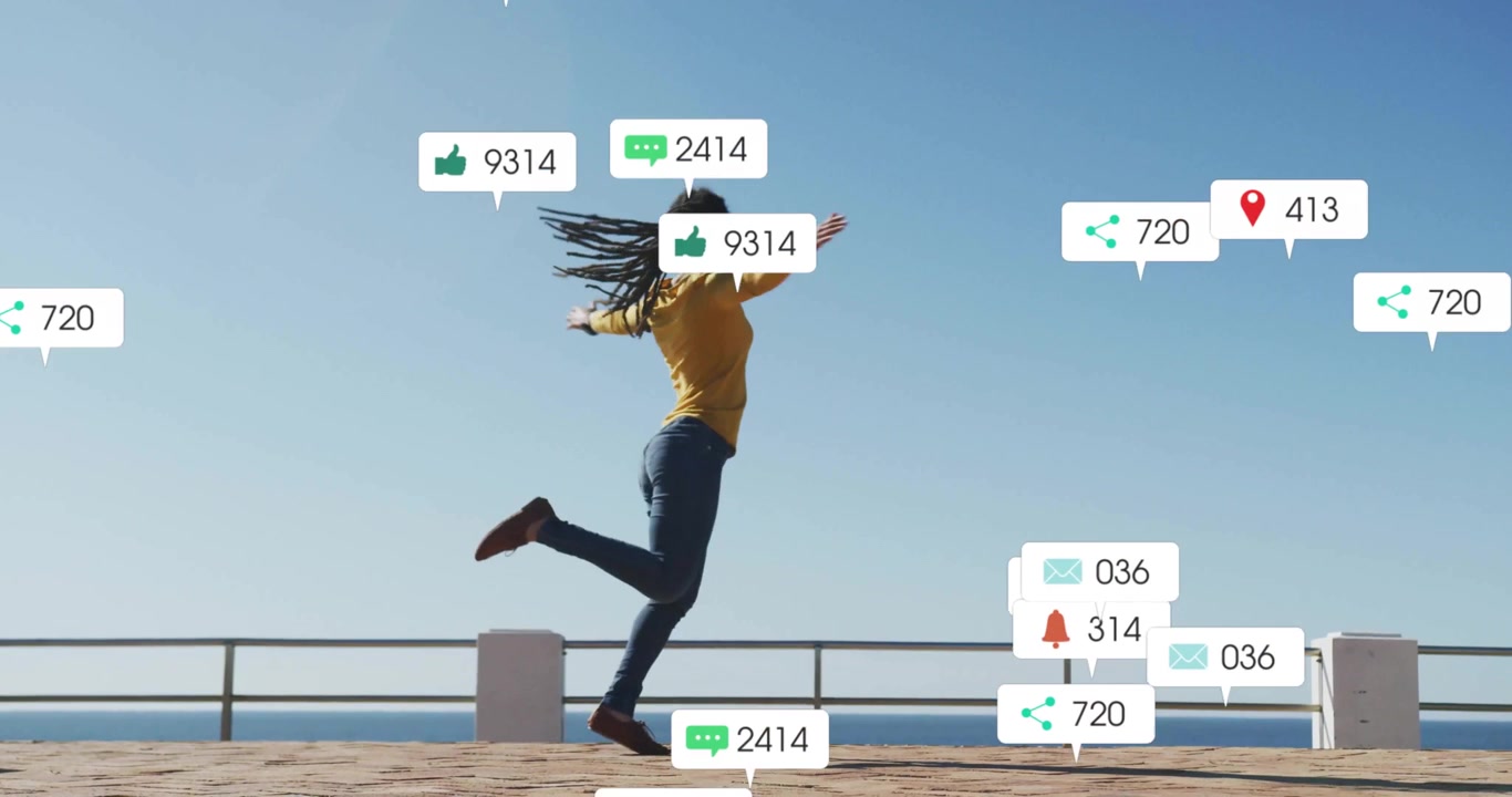 Content creator dancing on promenade railing, notifications multiplying, driving social metrics