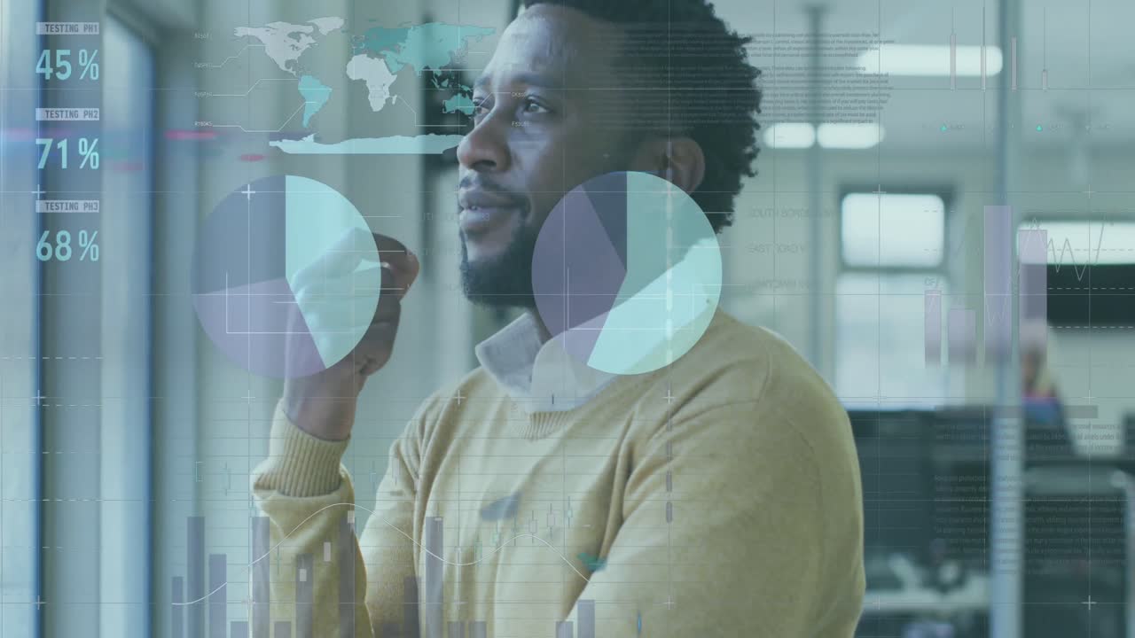 Animation of financial data processing over businessman thinking in office