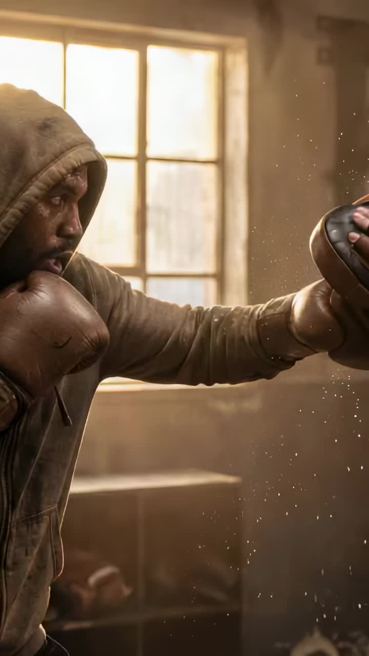 Vertical video: Presenting mitts, trainer cueing hooded gloved boxer throwing jab and shots in gym