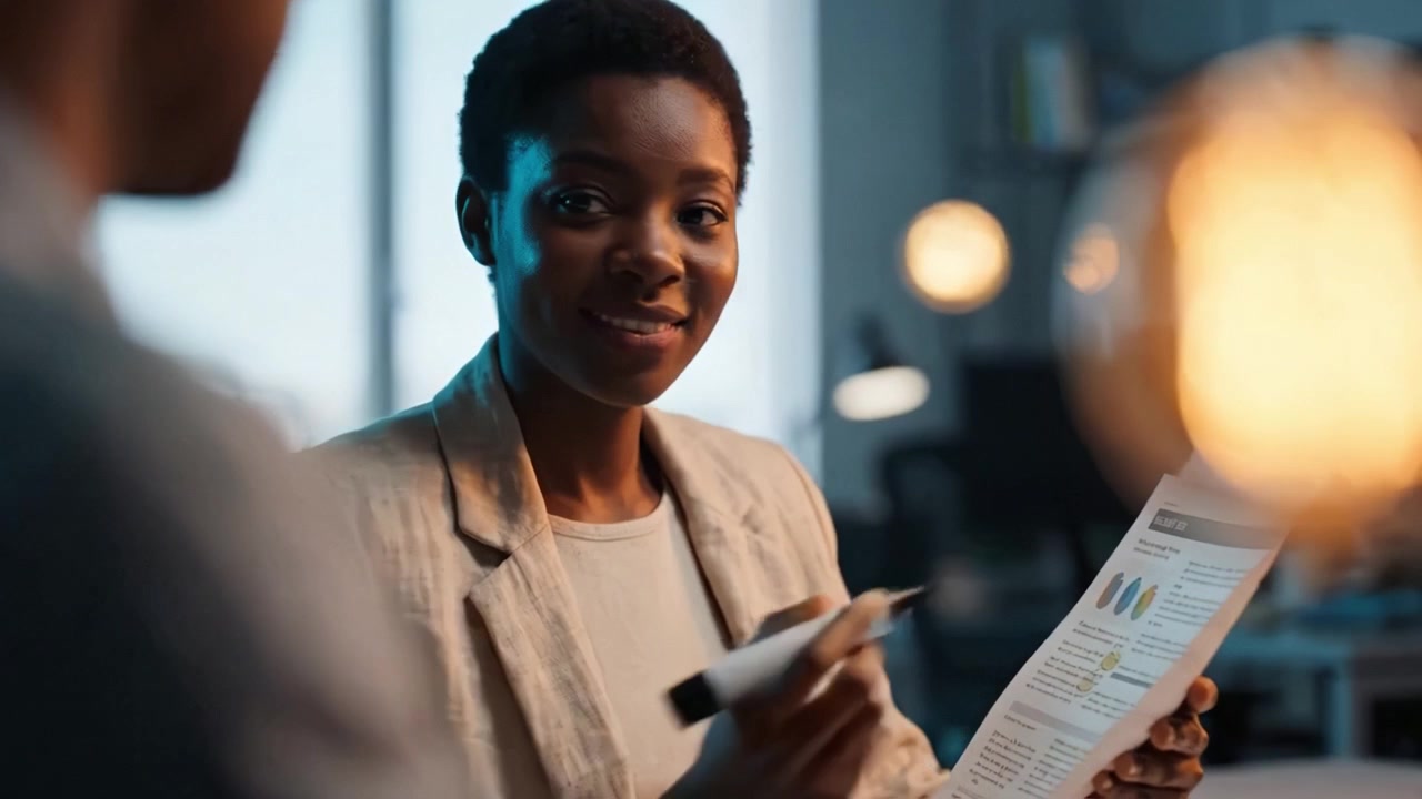 A focused woman reviews important documents, highlighting key information while engaged in a professional discussion and enjoying a productive work environment.