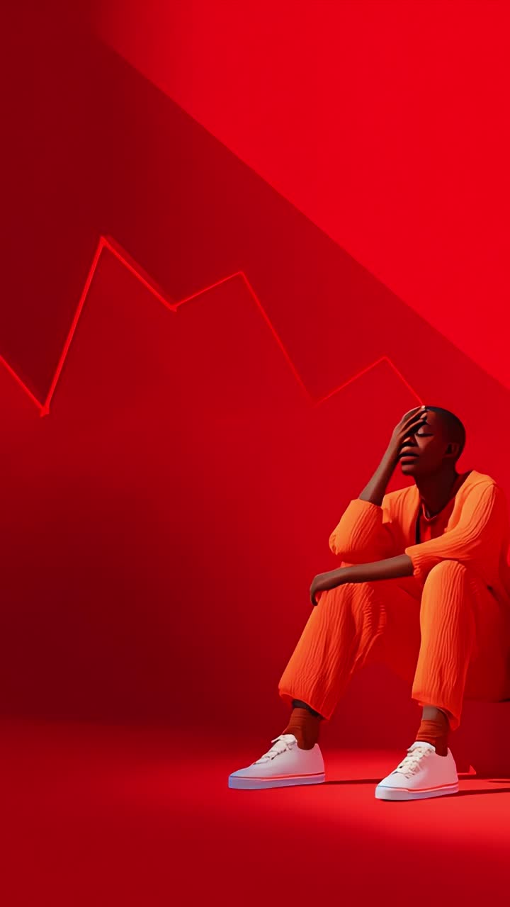 Striking Contrast: A Fashionable Model in Orange Apparel Poses Dramatically Against a Bold Red Background with Graphical Elements and a Reflective Mood
