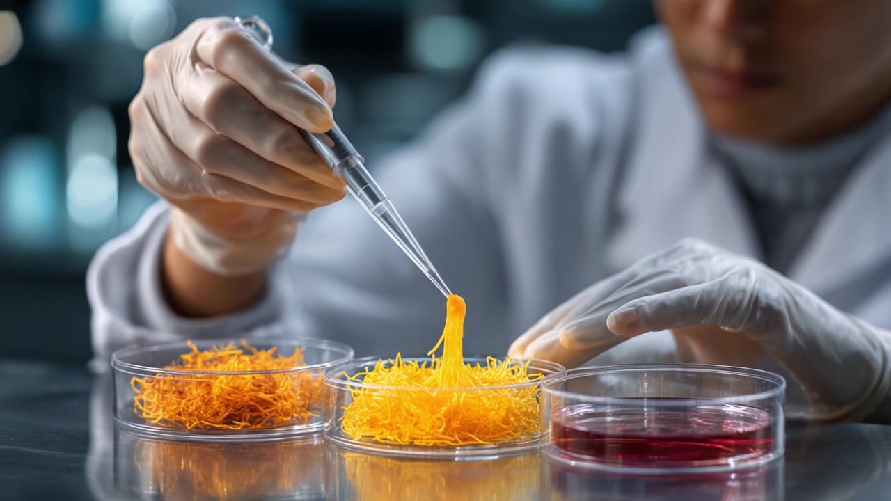 Scientist in Laboratory Conducts Experiment Using Pipette to Transfer Yellow Substance into Petri Dish, Focusing on Precise Measurements and Color Changes.