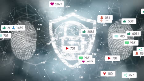 animation of social media text and icons over padlock and biometric fingerprint