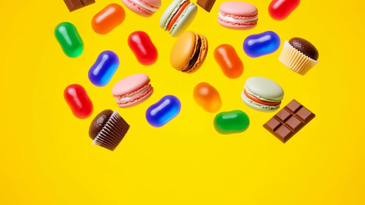 Assorted confectionery descends from upper area into a fuller scattered arrangement, gradually occupying empty yellow space with shiny candy, pastries, and chocolate pieces.