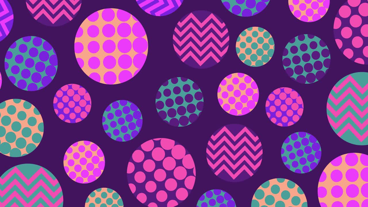Forme geometriche anni '80 all'interno di cerchi ruotano in loop. Animazione di movimento con zoom avanti e indietro. Composizione orizzontale, qualità video 4K.