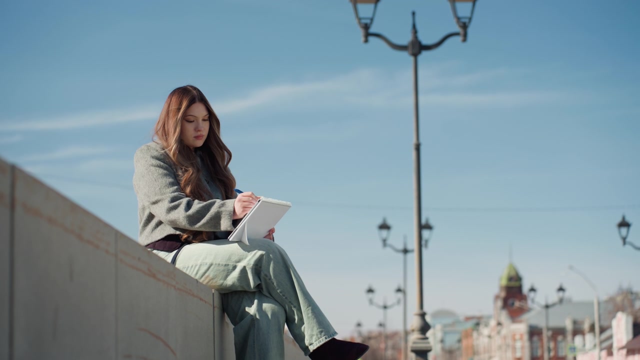 도시 풍경 예술을 만드는 평범한 소녀. 스케치 도구로 도시 풍경을 담는 여유로운 학생. 도시 환경에서 화창한 날 도시 풍경을 스케치하며 평화로운 순간을 즐기는 백인 학생.