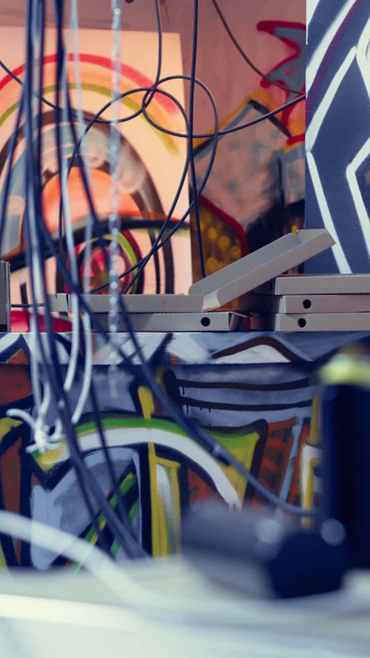 Vertical video Graphic grunge graffiti art on walls in derelict building