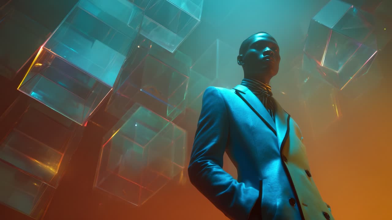 A fashionable individual in a striking suit stands confidently amidst a captivating arrangement of translucent geometric forms, illuminated by a mesmerizing interplay of color and light, creating an enigmatic atmosphere