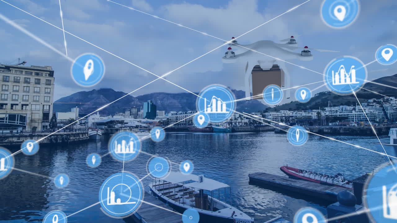 패키지를 운반하는 드론을 통해 아이콘으로 연결된 네트워크의 애니메이션