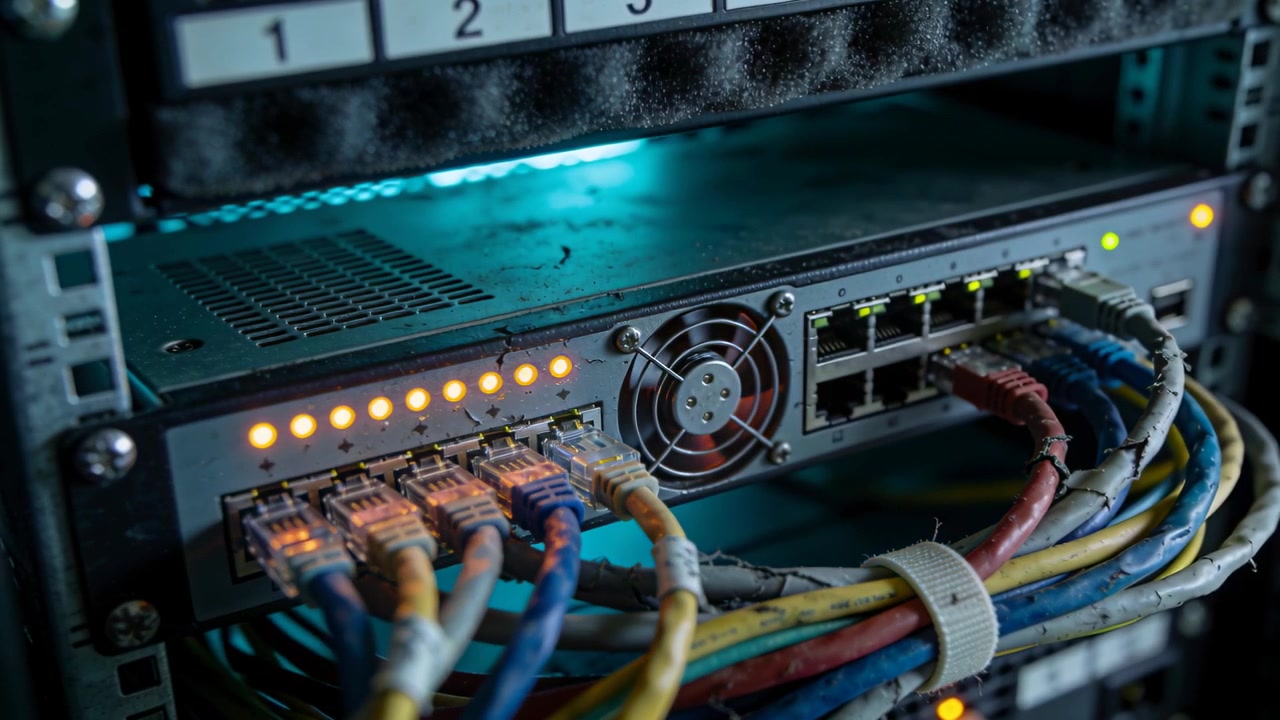 Receiving network traffic, rack switch blinking LEDs and spinning fan in room, with SFPs