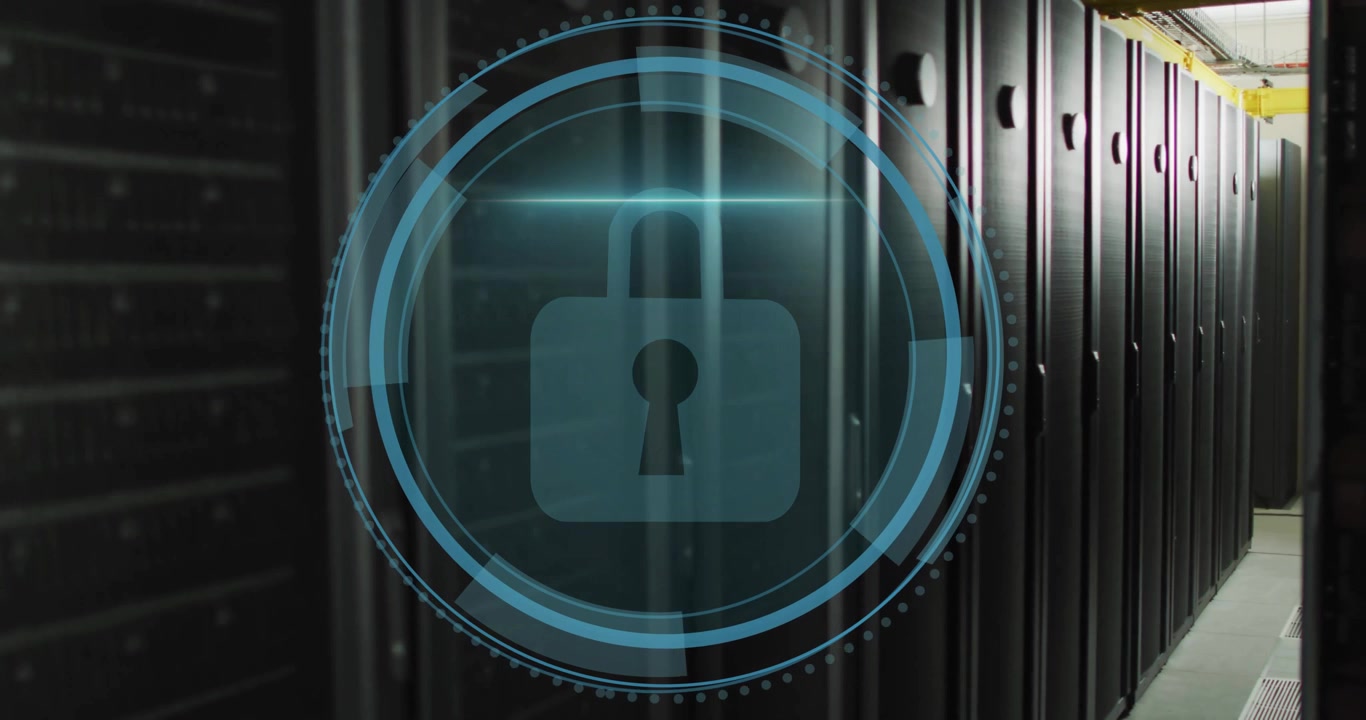 Shield fading in HUD expanding then padlock appearing while scanline sweeping securing server racks