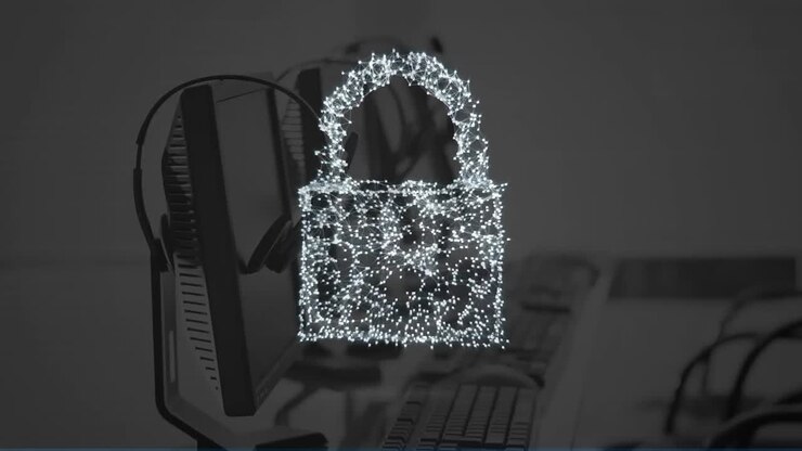Animation of digital padlock over computers in office
