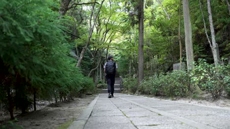 male wearing backpack walking through forest path alone looking around