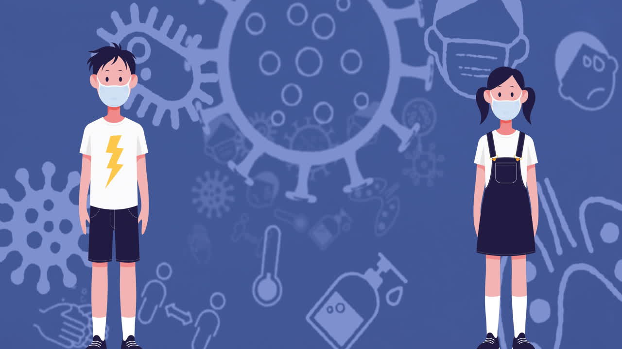 마스크를 쓴 소년과 소녀의 픽토그램 애니메이션 코로나19 아이콘과 함께 사회적 거리두기