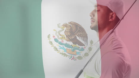 animation of flag of mexico over biracial male golfist