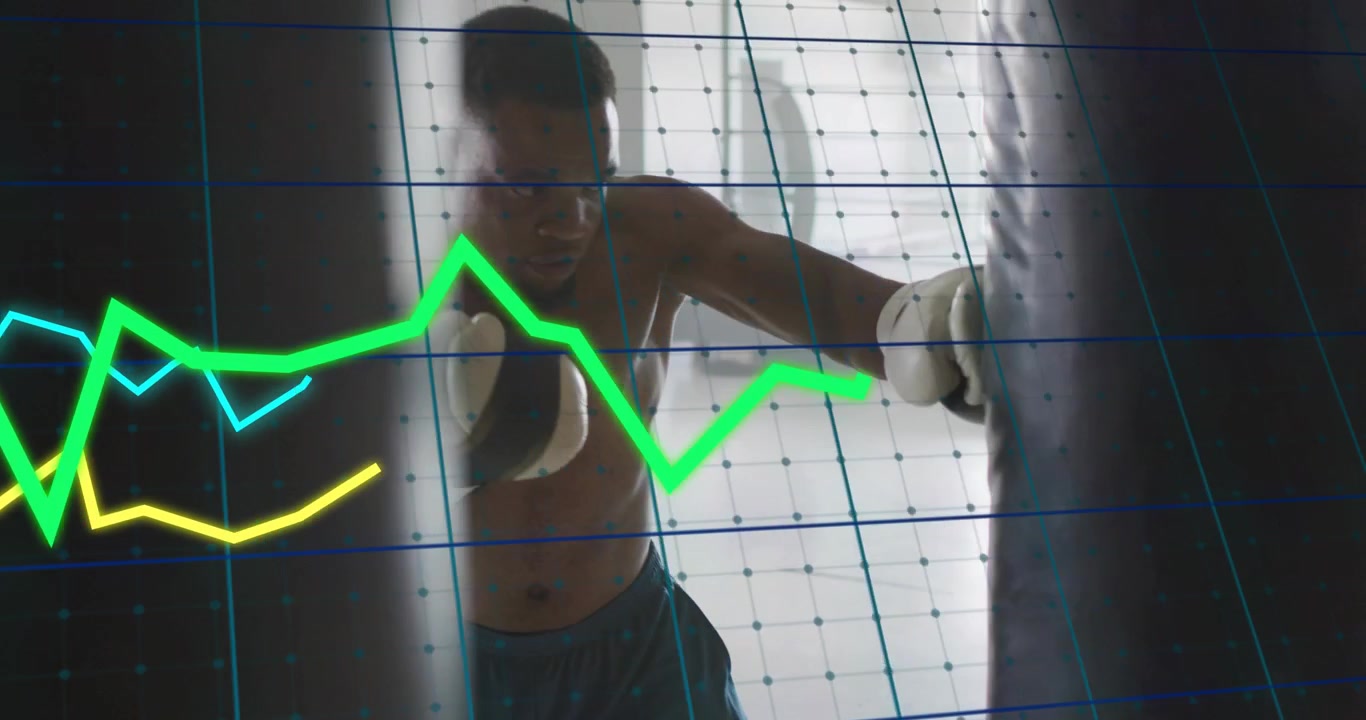 Boxer stepping in, throwing jabs and crosses gloved at bag during training, grid graphs over torso